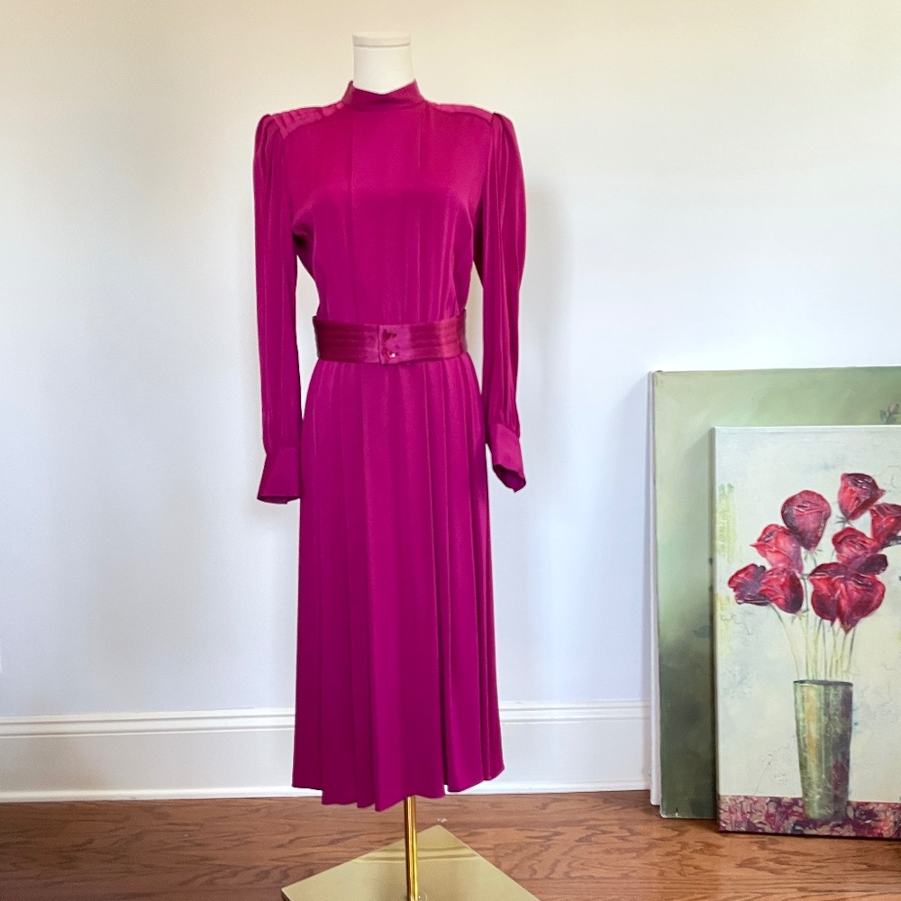 Vintage 1970s Magenta  Midi Dress Belted Womens Sz 10 Disco Retro Glam Secretary